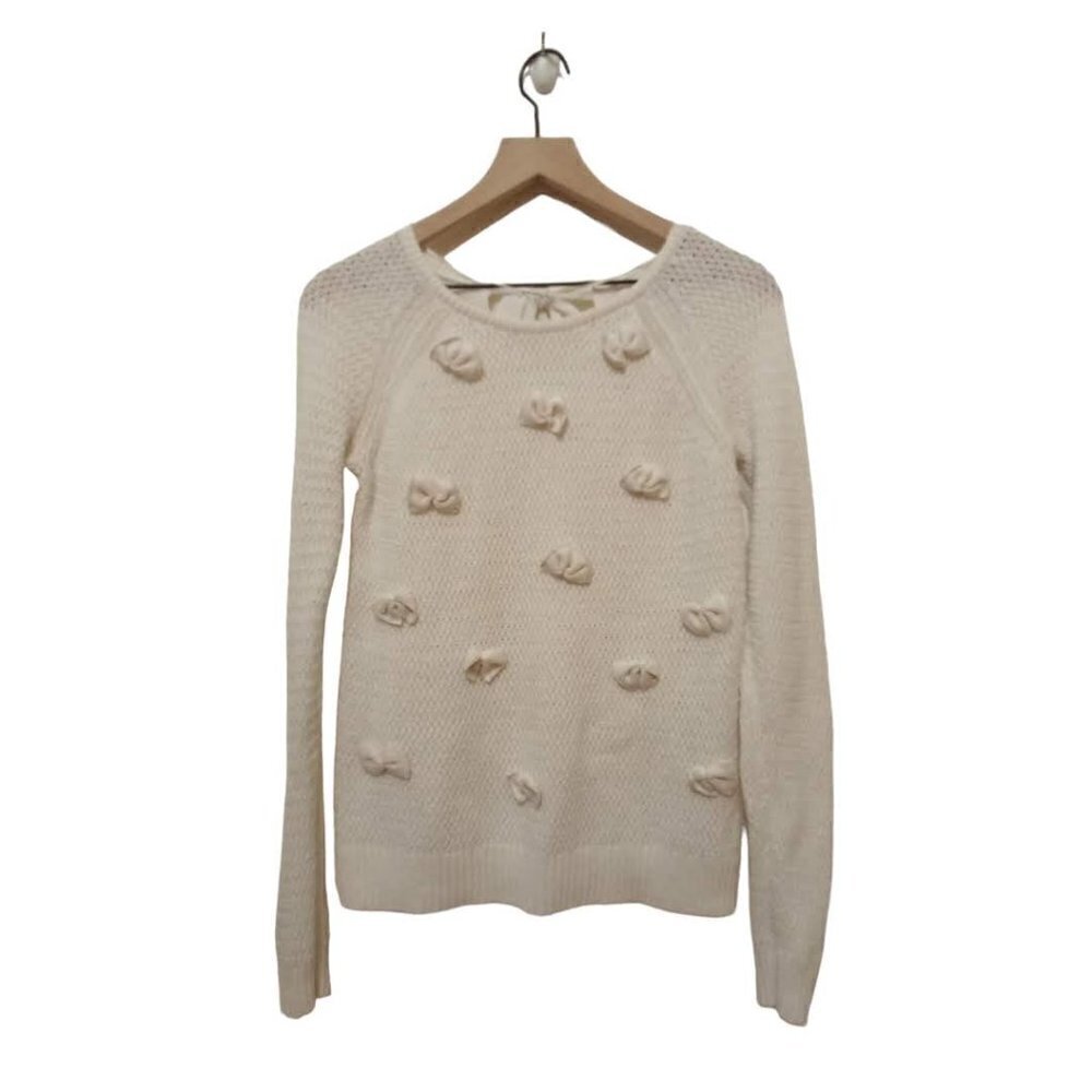 Lauren Conrad Cream Crew Neck Knitted Long Sleeve Bow Detail Sweater Sz S